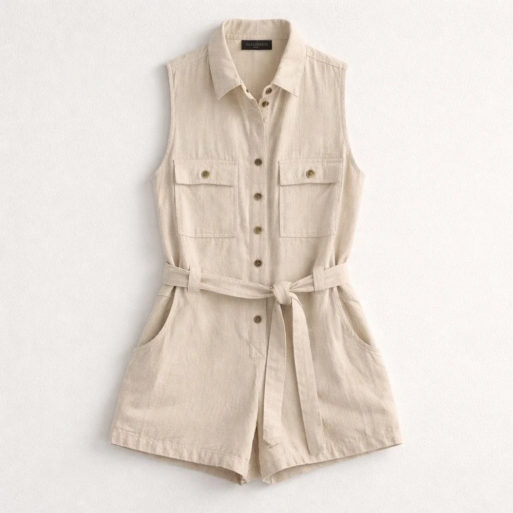 Kittenish Women's Beige Utility Romper Belted Button Front Sleeveless Size M 188 - Picture 2 of 13